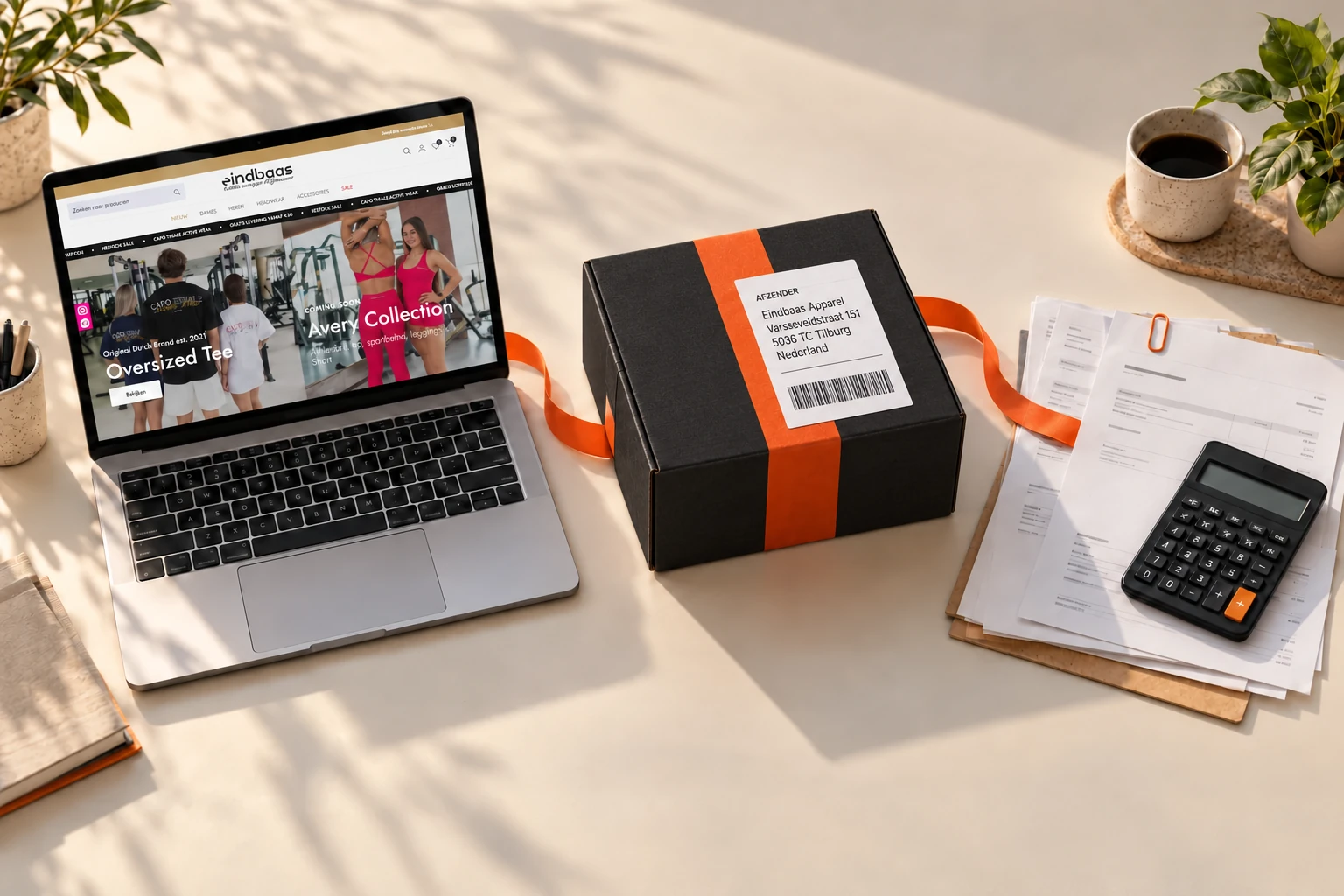 Illustratie van webshop tot administratie, met de echte Eindbaas Apparel-webshop op het laptopscherm